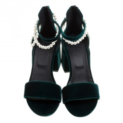 MM6 Maison Margiela Dark Green Velvet Faux Pearl Embellished Ankle Strap Sandals Size 38.5