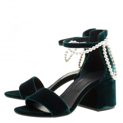 MM6 Maison Margiela Dark Green Velvet Faux Pearl Embellished Ankle Strap Sandals Size 38.5