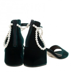 MM6 Maison Margiela Dark Green Velvet Faux Pearl Embellished Ankle Strap Sandals Size 38.5