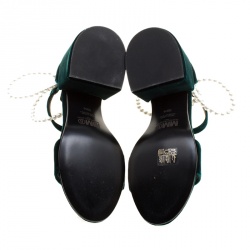 MM6 Maison Margiela Dark Green Velvet Faux Pearl Embellished Ankle Strap Sandals Size 38.5