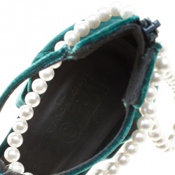 MM6 Maison Margiela Dark Green Velvet Faux Pearl Embellished Ankle Strap Sandals Size 38.5