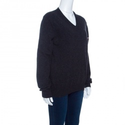 Moncler Grey Wool Stripe Detail Ribbed Trim V-Neck Sweater L