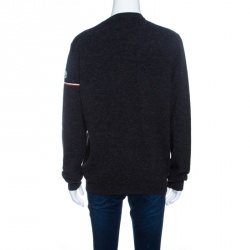 Moncler Grey Wool Stripe Detail Ribbed Trim V-Neck Sweater L