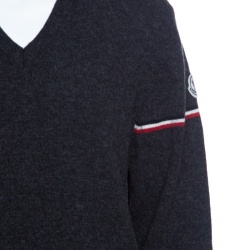 Moncler Grey Wool Stripe Detail Ribbed Trim V-Neck Sweater L