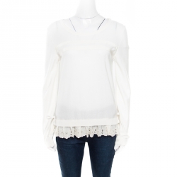 Pre Owned Moncler Off White Cotton Knit Floral Lace Hem Tie Detail Sweater S