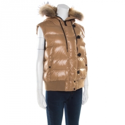 Pre Owned Moncler Beige Quilted Raccon Fur Hood Detail Tarn Down Gilet XXL