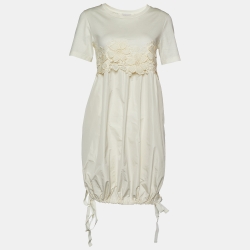Ivory Cotton Floral Applique Detail Gathered Hem Dress