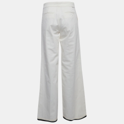 Pre Owned Moncler White Contrast Hem Trim Cotton Wide Leg Trousers M