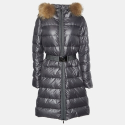 Pre Owned Moncler Grey Down Quilted Nantes Hooded Coat M/L