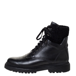 Moncler Black Leather And Wool Combat Boots Size 40