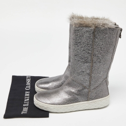 Pre Owned Moncler Grey Foil Leather and Fur Mid Calf Boots Size 39