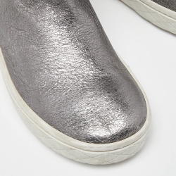 Pre Owned Moncler Grey Foil Leather and Fur Mid Calf Boots Size 39