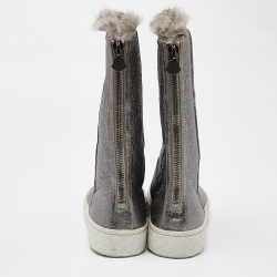 Pre Owned Moncler Grey Foil Leather and Fur Mid Calf Boots Size 39