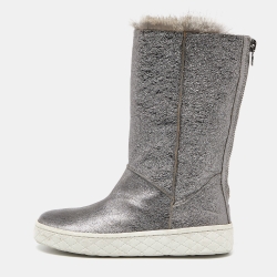 Grey Foil Leather And Fur Mid Calf Boots