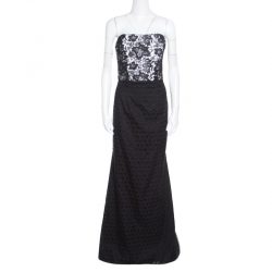 Monique Lhuillier Monochrome Floral Lace Bodice Detail Flared Strapless Gown L