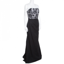 Monique Lhuillier Monochrome Floral Lace Bodice Detail Flared Strapless Gown L