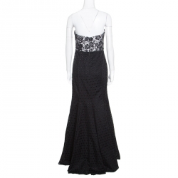 Monique Lhuillier Monochrome Floral Lace Bodice Detail Flared Strapless Gown L