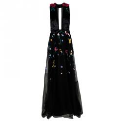 Monique Lhuillier Black Velvet Floral Applique Embroidered Embellished Tulle Gown XL