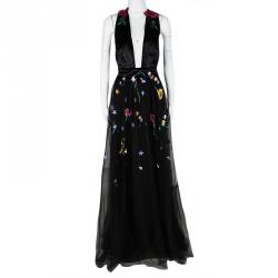 Monique Lhuillier Black Velvet Floral Applique Embroidered Embellished Tulle Gown XL