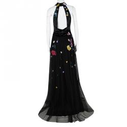 Monique Lhuillier Black Velvet Floral Applique Embroidered Embellished Tulle Gown XL