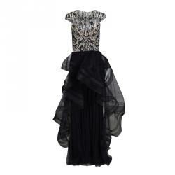 Monique Lhuillier Collection Navy Feather and Sequin Embellished Layered Tulle Gown M