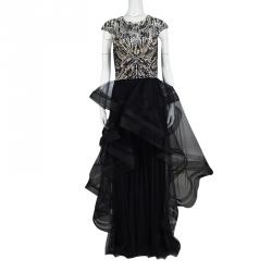 Monique Lhuillier Collection Navy Feather and Sequin Embellished Layered Tulle Gown M