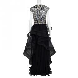 Monique Lhuillier Collection Navy Feather and Sequin Embellished Layered Tulle Gown M