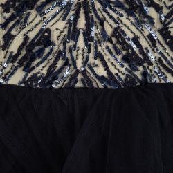 Monique Lhuillier Collection Navy Feather and Sequin Embellished Layered Tulle Gown M
