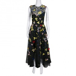 Monique Lhuillier Black Floral and Butterfly Applique High Low Tulle Gown S 