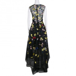 Monique Lhuillier Black Floral and Butterfly Applique High Low Tulle Gown S 