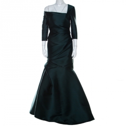 Monique Lhuillier Emerald Green Silk Satin Asymmetric Sleeve Evening Gown M 