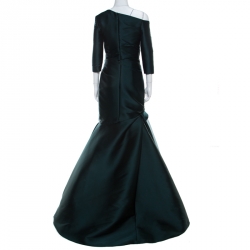 Monique Lhuillier Emerald Green Silk Satin Asymmetric Sleeve Evening Gown M 
