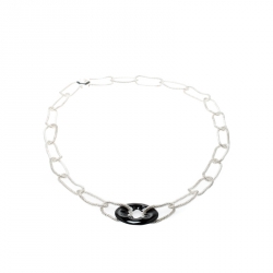 Pre Owned Montblanc Star Collection Onyx & Silver Chain Link Long Necklace