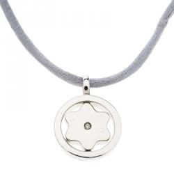 Pre Owned Montblanc Star Collection Diamond Silver Pendant Set of Black & Blue Cord Necklace