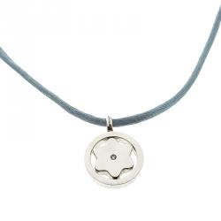 Pre Owned Montblanc Star Collection Diamond Silver Pendant Set of Black & Blue Cord Necklace