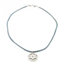 Pre Owned Montblanc Star Collection Diamond Silver Pendant Set of Black & Blue Cord Necklace