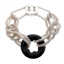 Pre Owned Montblanc Star Collection Onyx & Silver Chain Link Bracelet