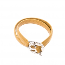 Pre Owned Montblanc Star Collection Hold Me Tight Beige Leather & Silver Wrap Around Toggle Bracelet