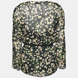 Pre Owned Moschino Cheap and Chic Black Floral Printed Silk Belted Top M