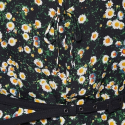 Pre Owned Moschino Cheap and Chic Black Floral Printed Silk Belted Top M