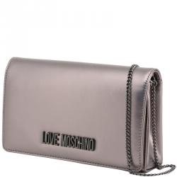 Pre Owned Love Moschino Metallic Grey Faux Leather Clutch Bag