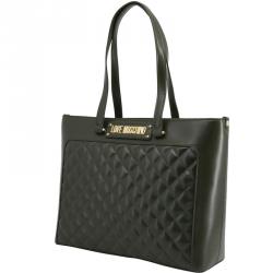 Pre Owned Love Moschino Dark Green Quilted Faux Leather Shopping Tote