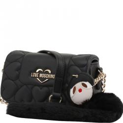 Pre Owned Love Moschino Black Faux Leather Heart Embossed Crossbody Bag