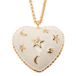Pre Owned Moschino Moon and Stars Heart White Pendant Necklace