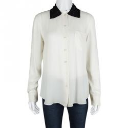 Pre Owned Moschino Cream Silk Contrast Bow Collar Detail Long Sleeve Shirt M