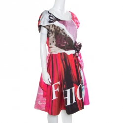 Pre Owned Moschino Couture Multicolor Editorial Print Duchess Bow Detail Cap Sleeve Dress L