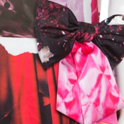 Pre Owned Moschino Couture Multicolor Editorial Print Duchess Bow Detail Cap Sleeve Dress L