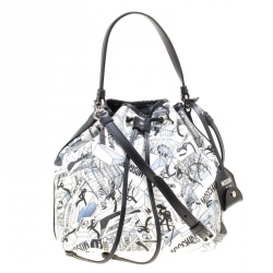 Moschino White Printed PVC Sketch Drawstring Hobo