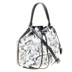 Moschino White Printed PVC Sketch Drawstring Hobo