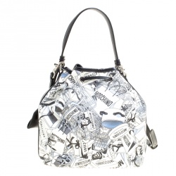 Moschino White Printed PVC Sketch Drawstring Hobo